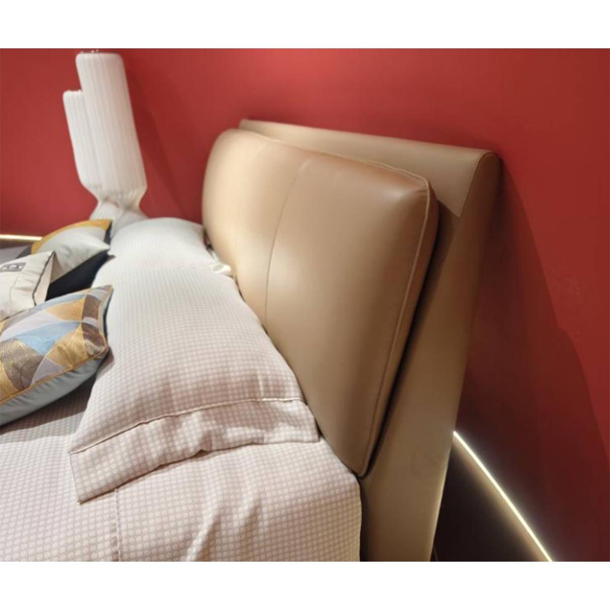 Close-up of the padded leather headboard