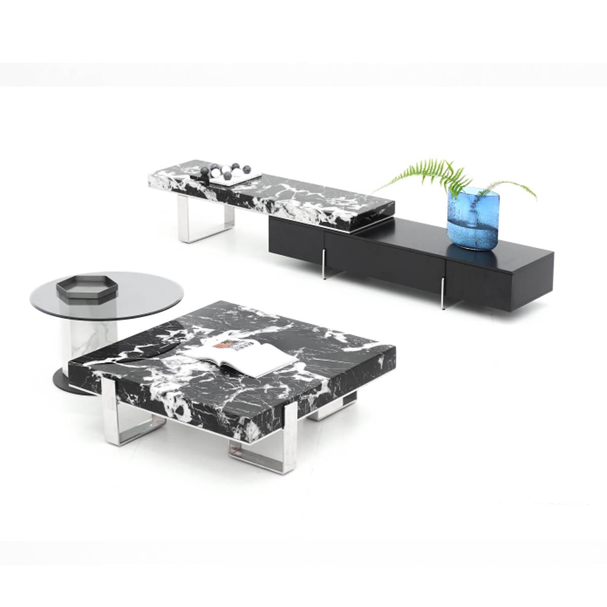 Black marble coffee table and console set with side table