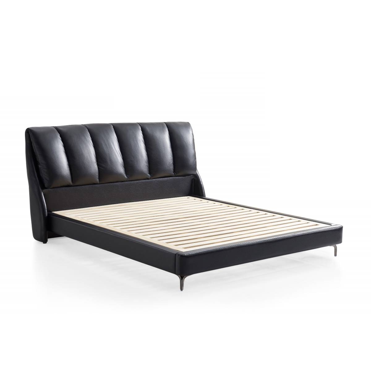 Angled view of the Black Swan bed showing the side profile and metal legs