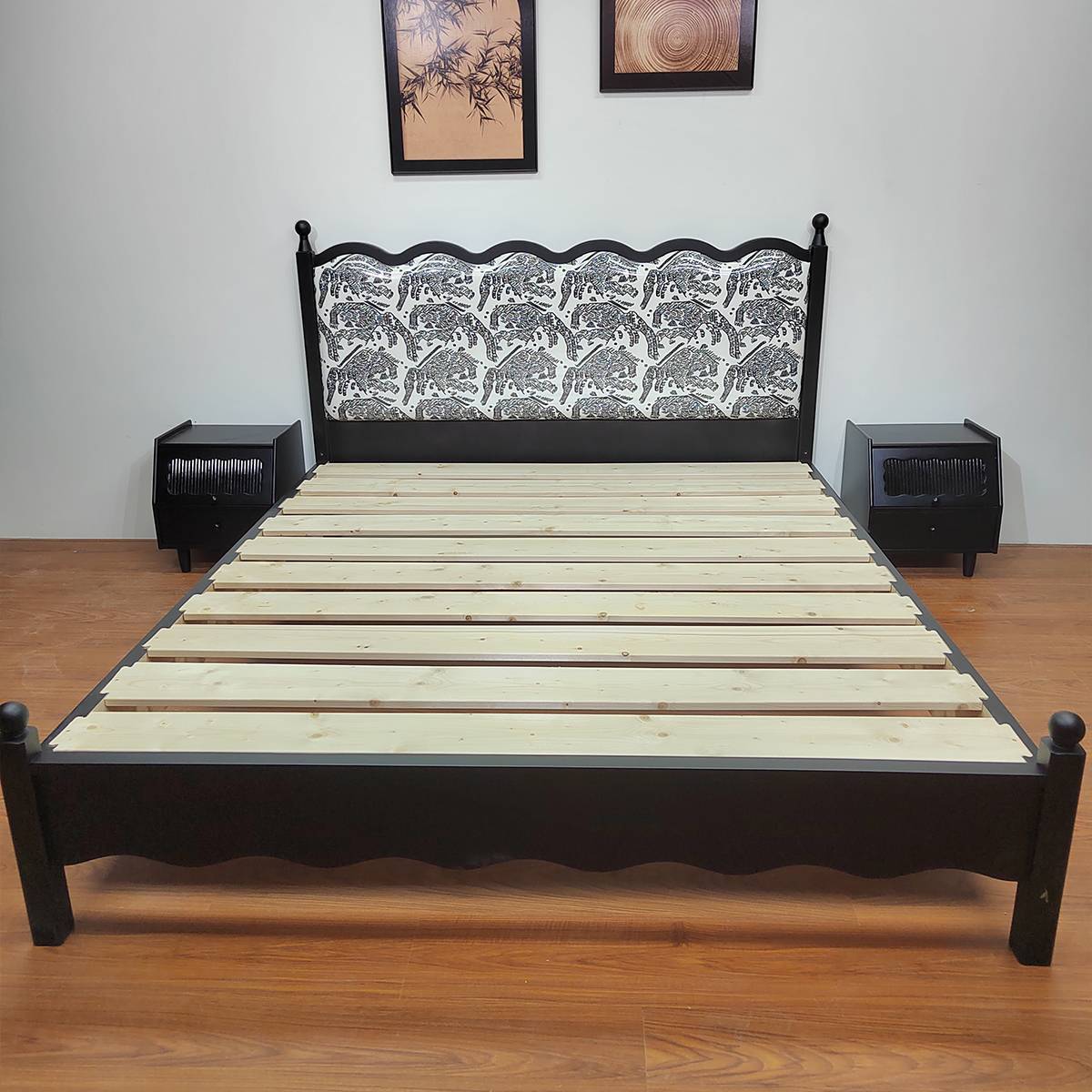 Front view of the bed frame showing the wooden slats and headboard pattern without bedding