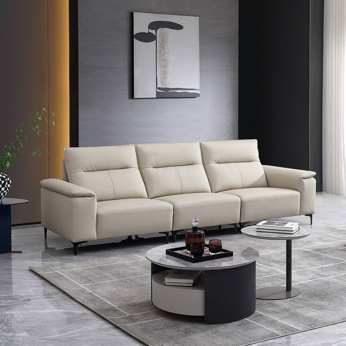 Beige leather sofa in a modern living room setting