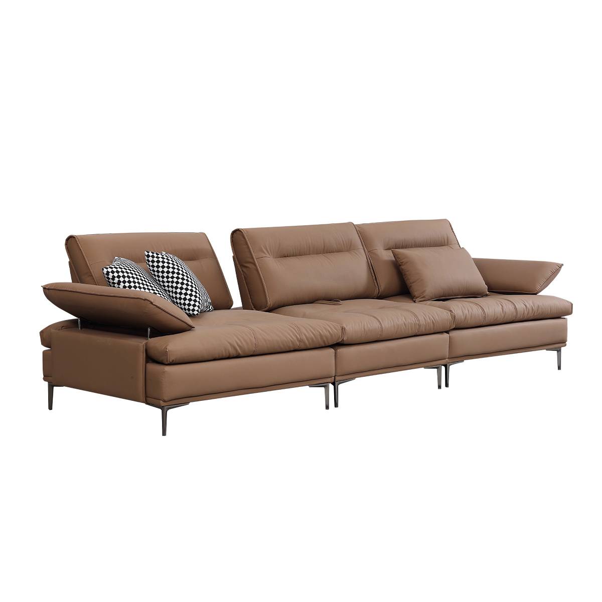 Side angle view of the brown sofa showing the chaise and back cushions
