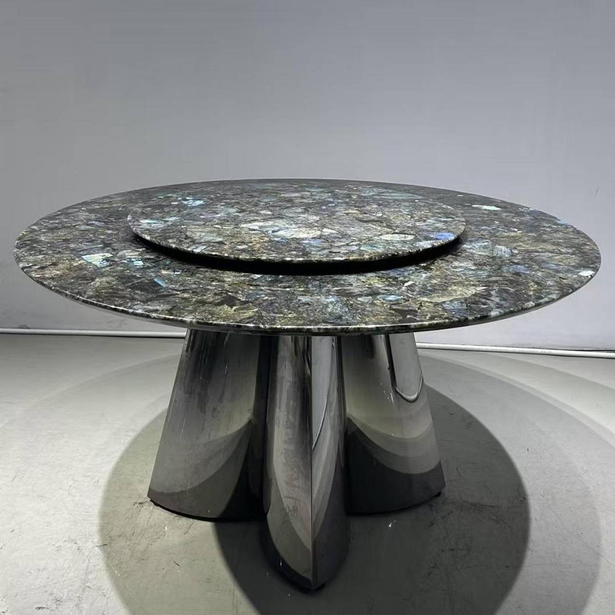 Imported Blue Jadeite Natural Marble Round Luxury Stone Dining Table with Stainless Steel Base (Z60-S98)