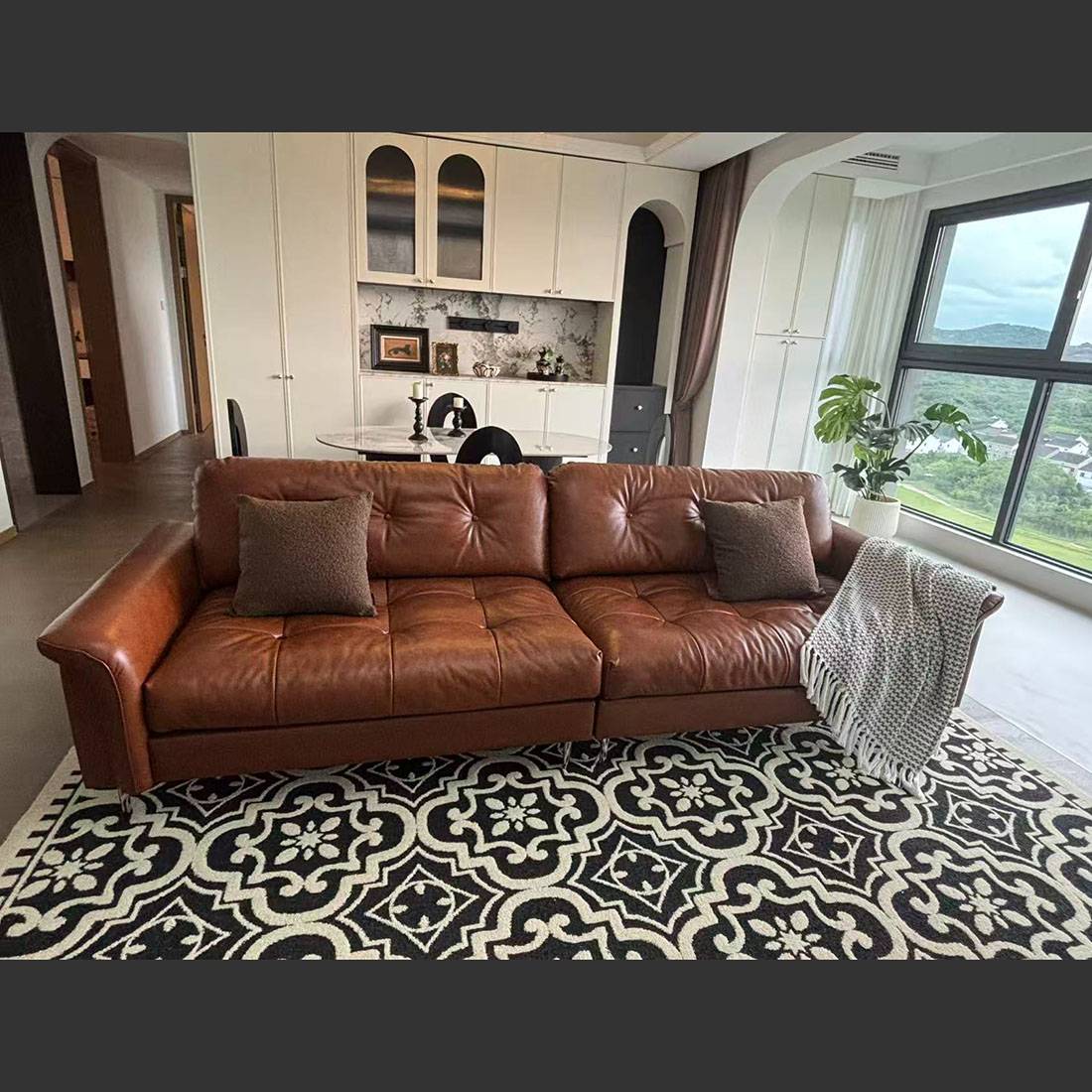 Living room with brown leather sofa and patterned rug