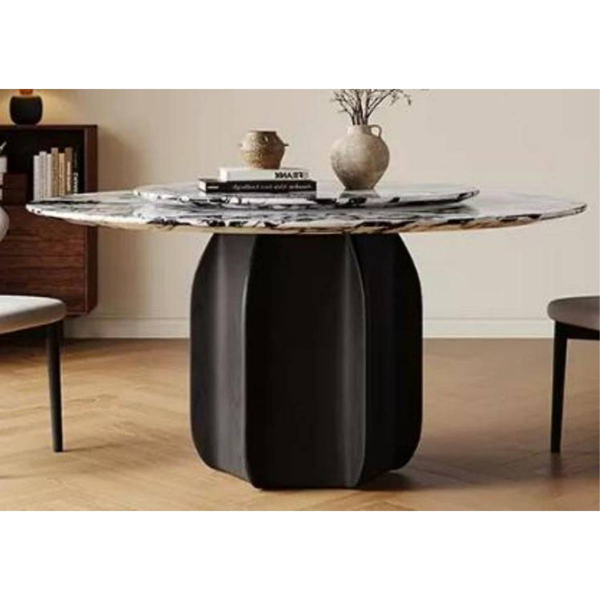Side view of the dining table showing the solid wood base