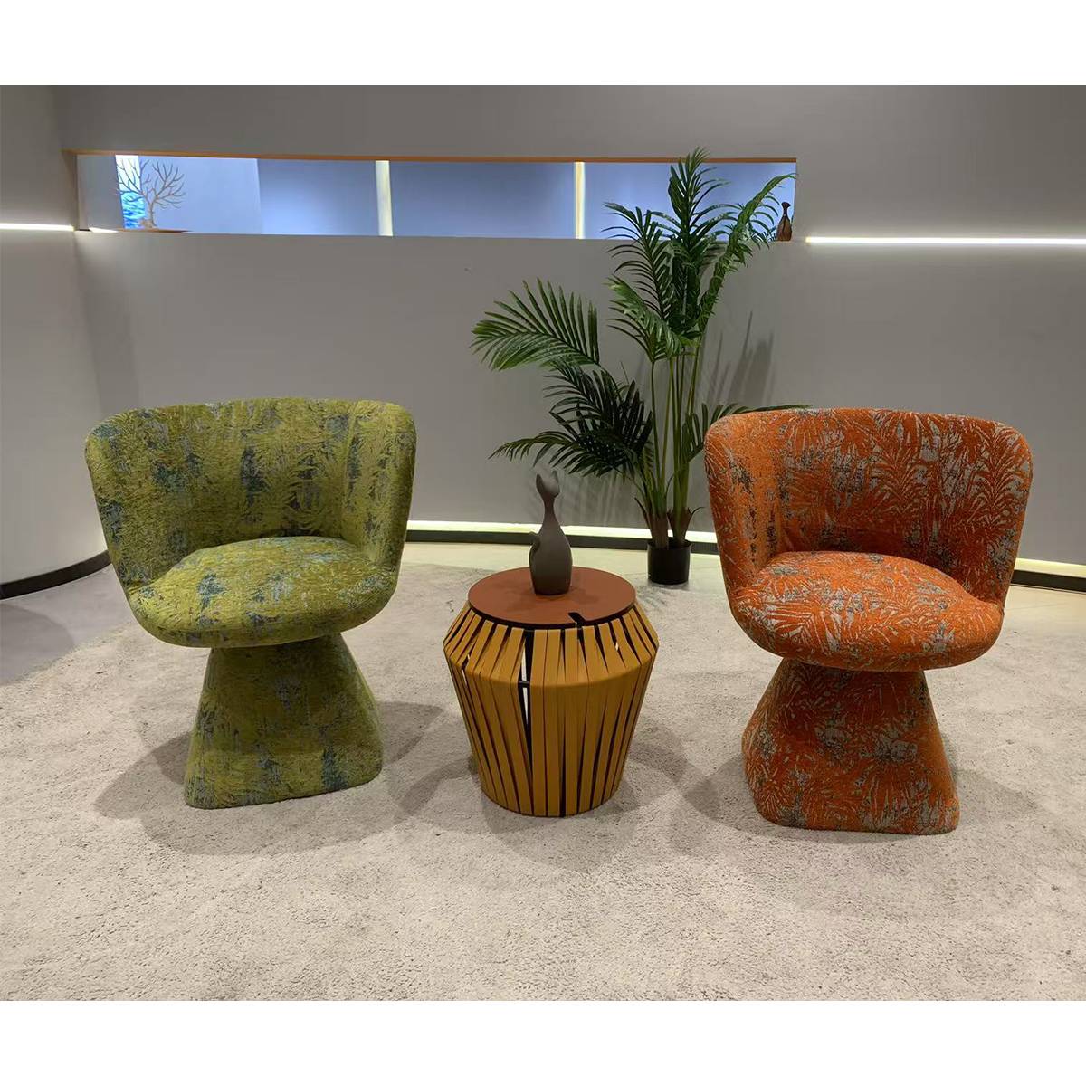 Wide angle view of lounge chairs in showroom