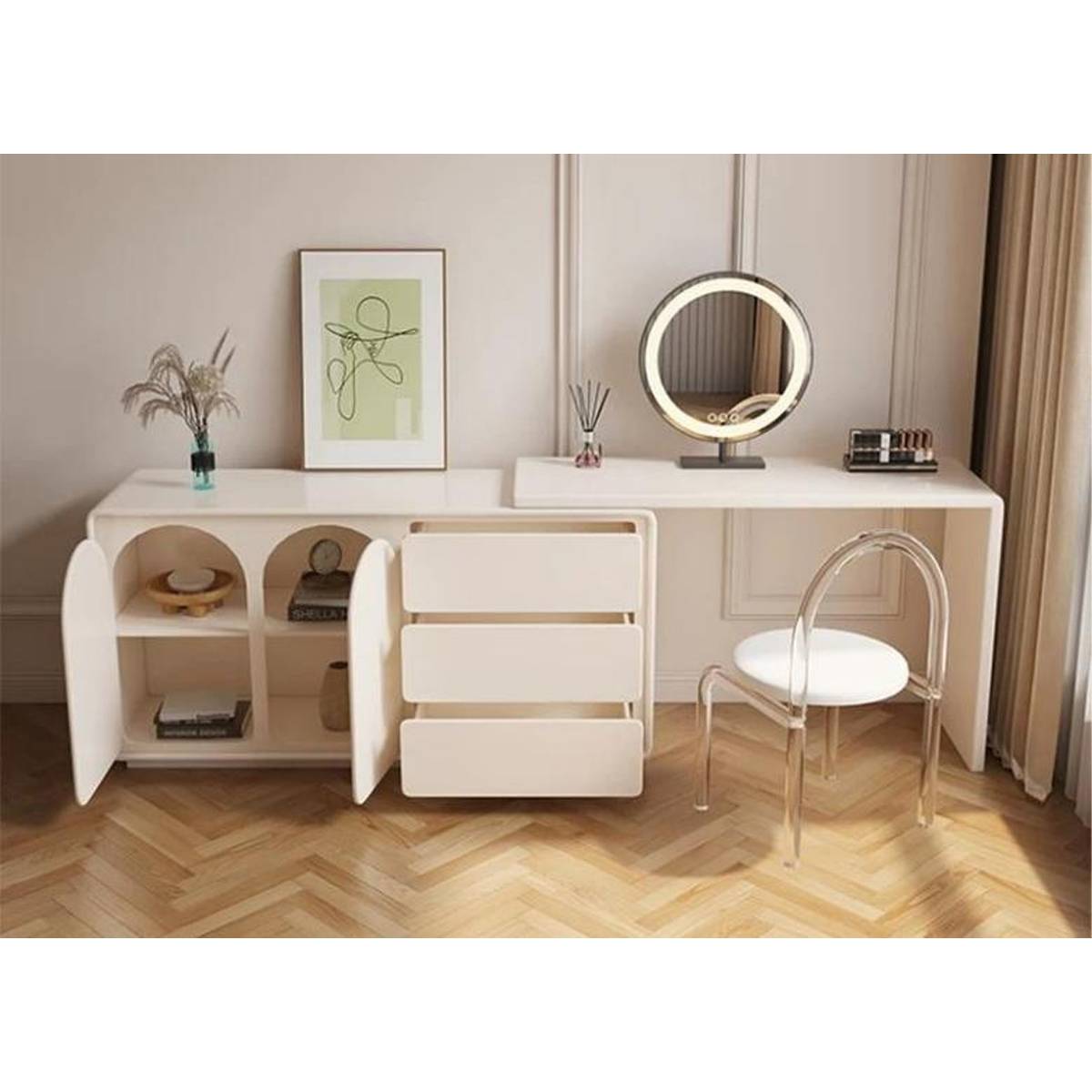 Front view of cream white vanity set with open cabinet doors and drawers