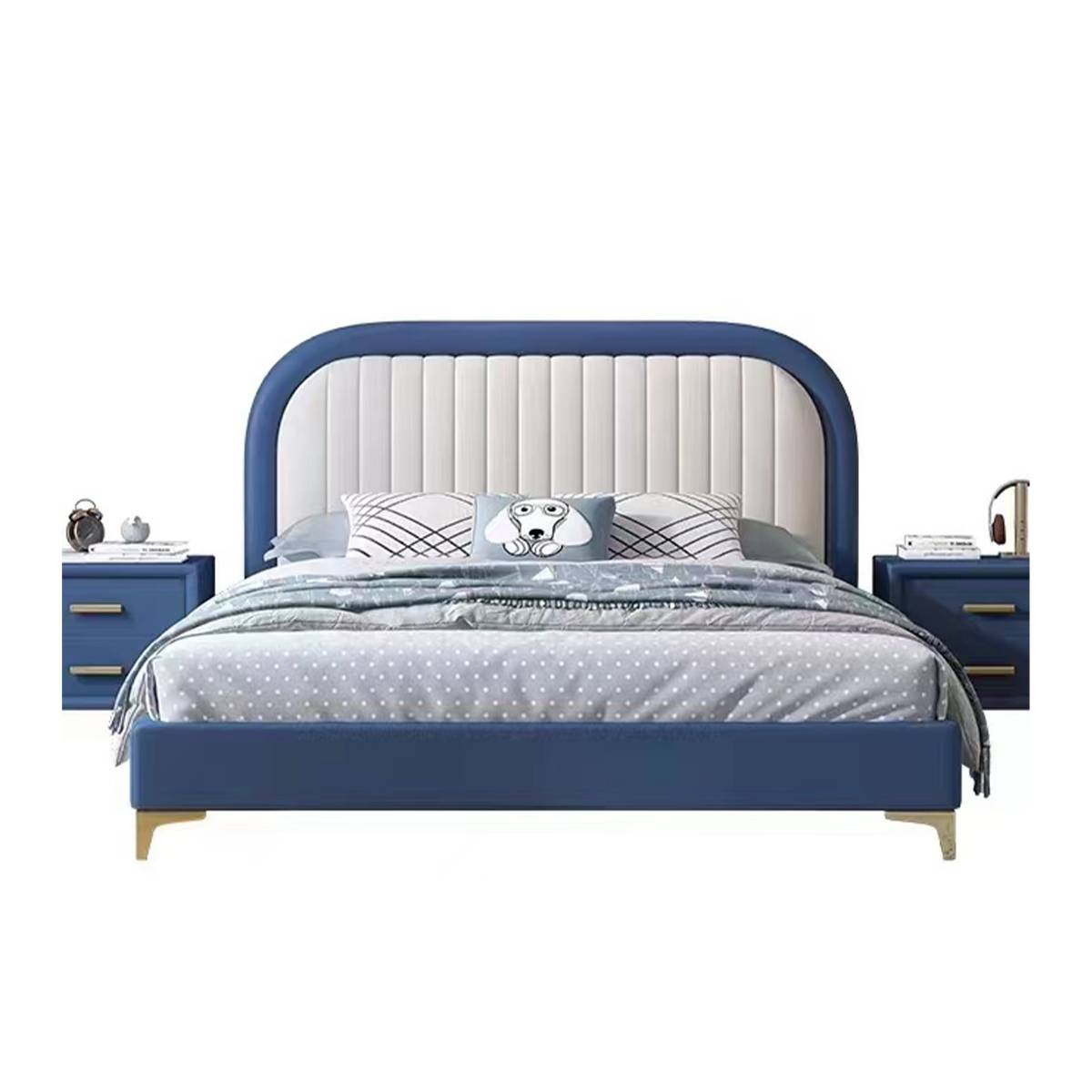 Blue and white upholstered bed with matching nightstands