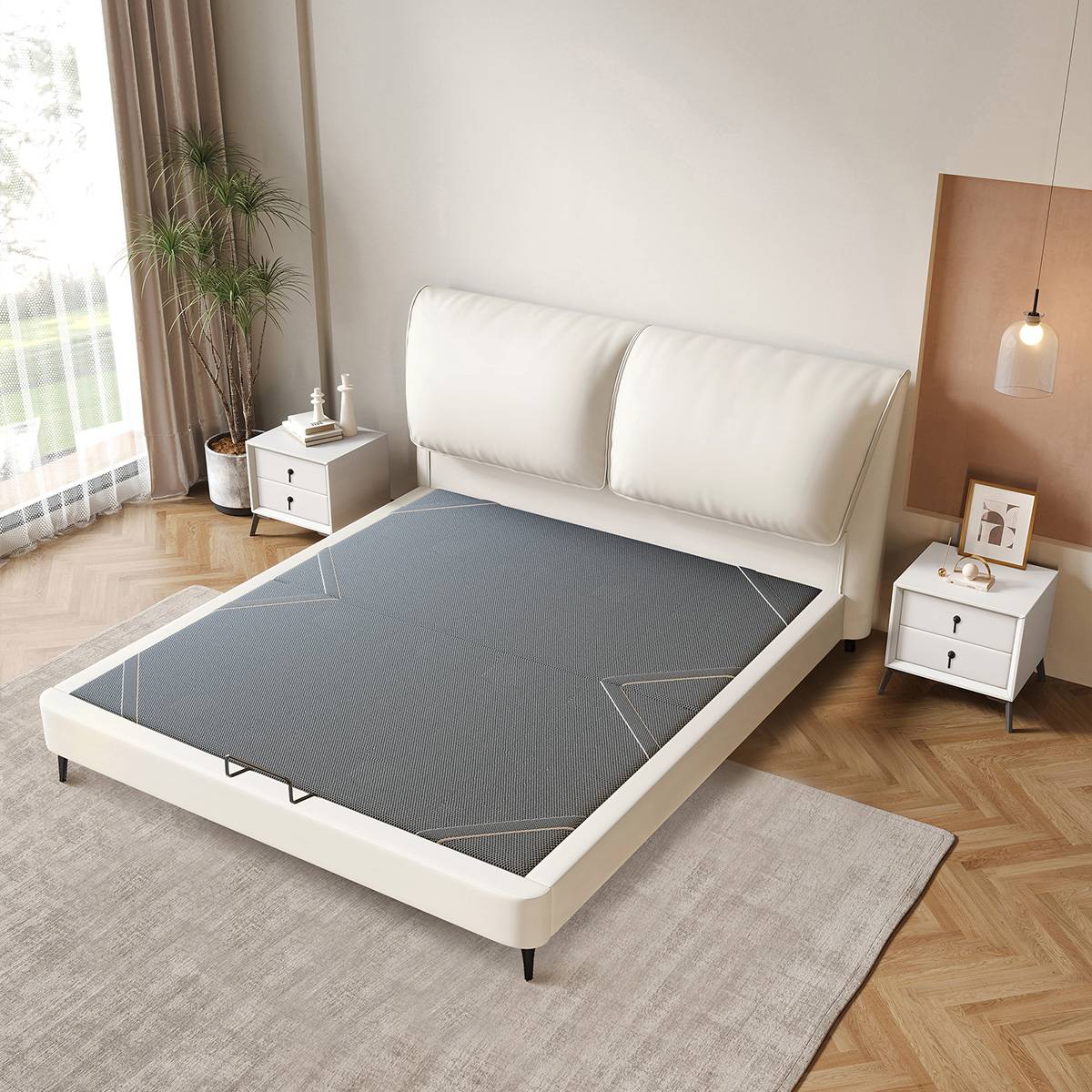 White eco-leather soft bed frame with grey mattress base showing steel-wood slat structure