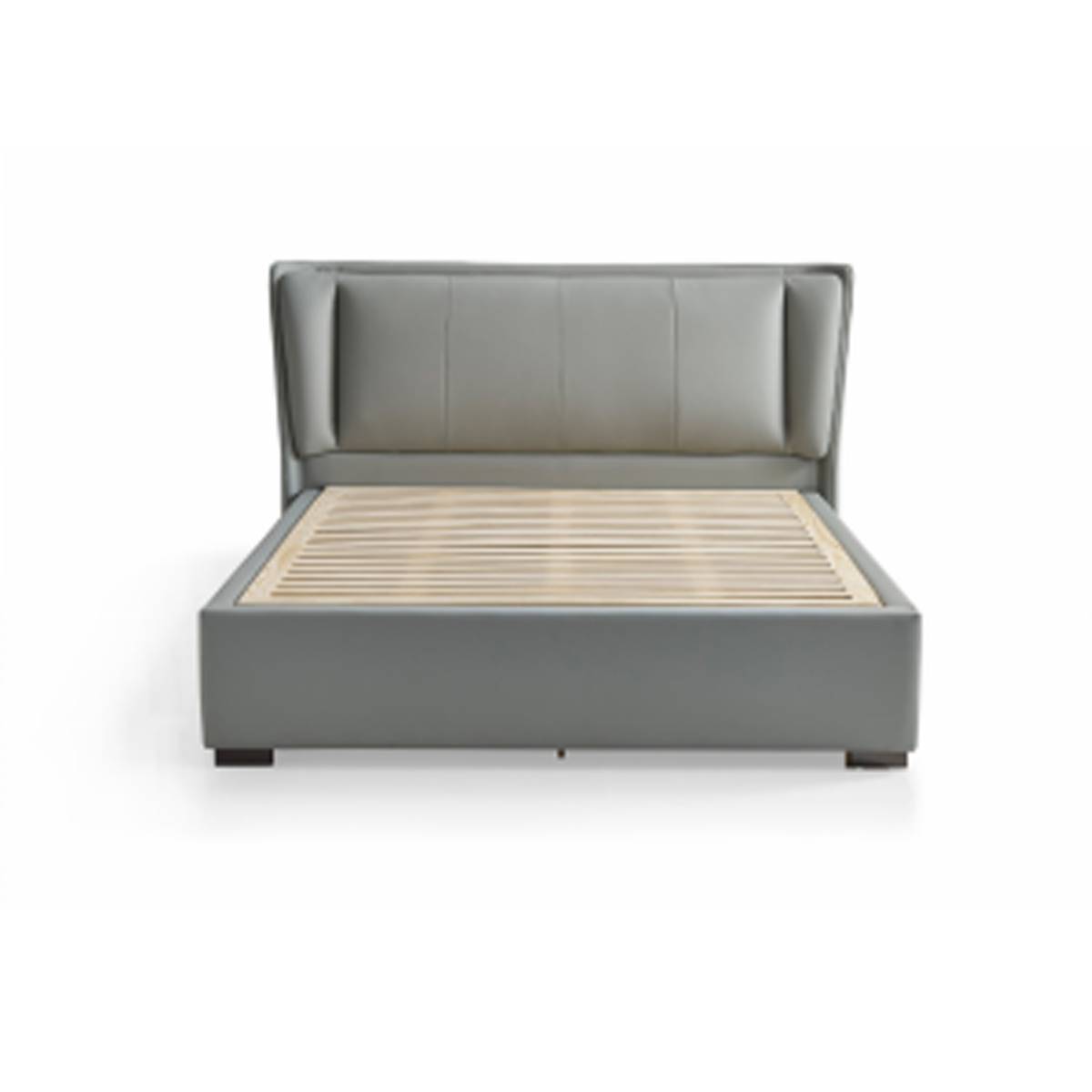 Front view of grey leather upholstered bed