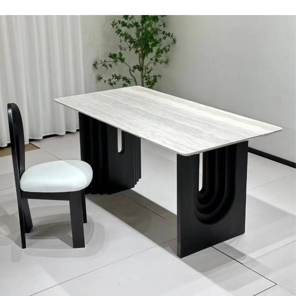 Marble pattern sintered stone dining table with black base