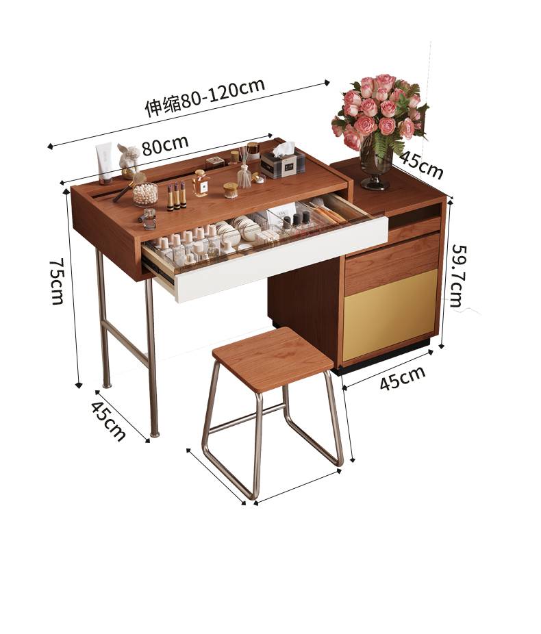 Diagram showing the dimensions of the vanity table and stool, highlighting the retractable desktop feature.