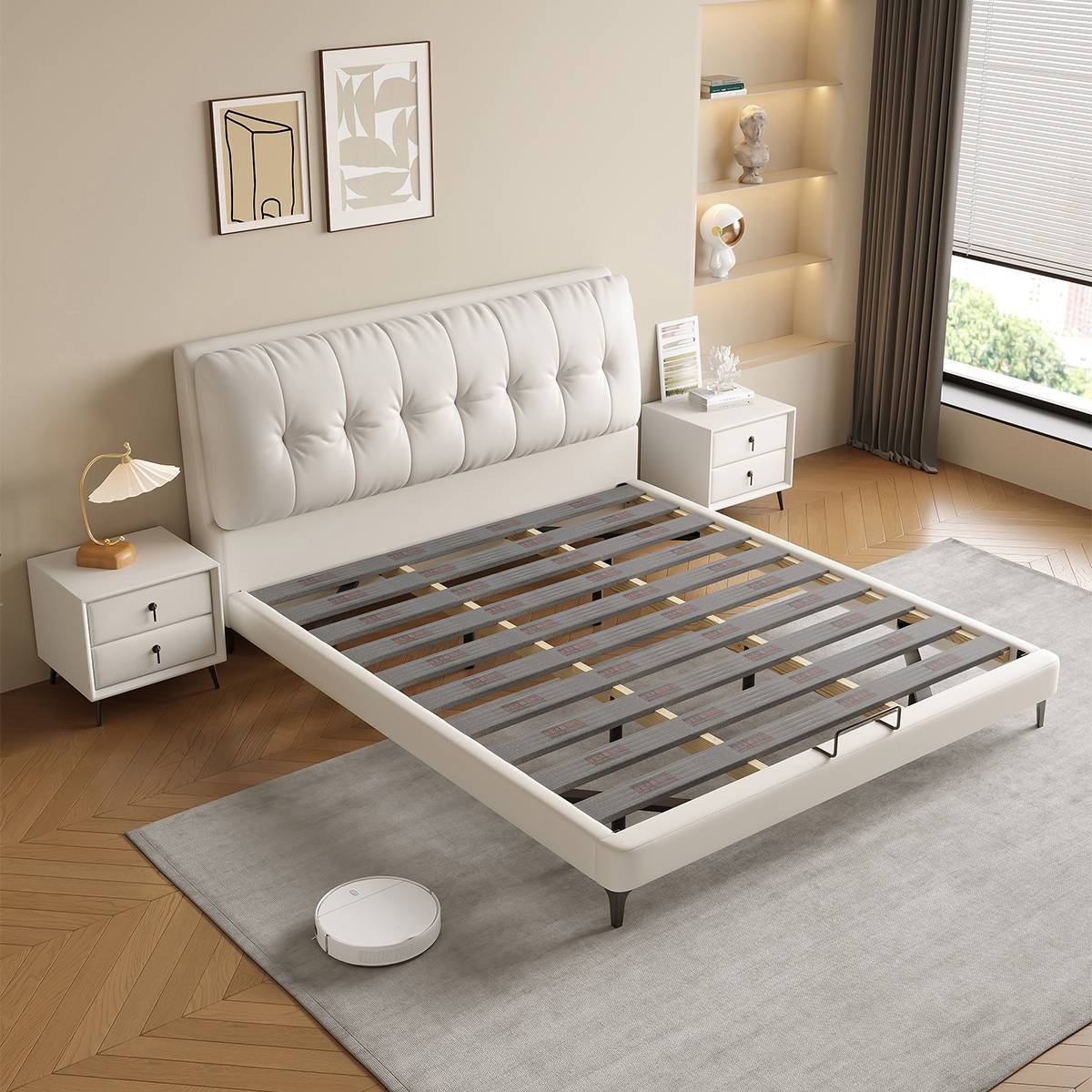 Bed frame showing the steel-wood slat base structure