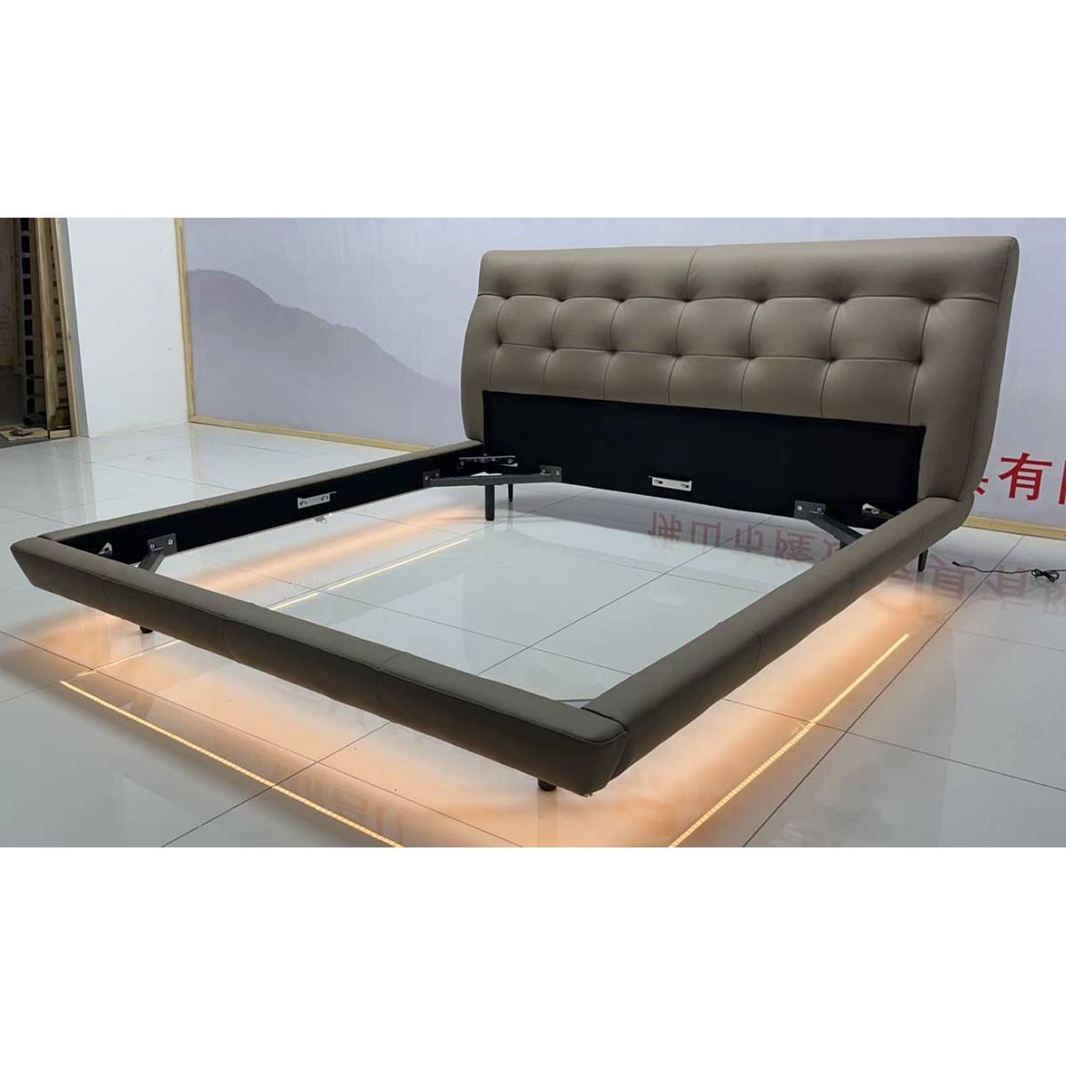 Bed frame without mattress showing the internal structure and slat base