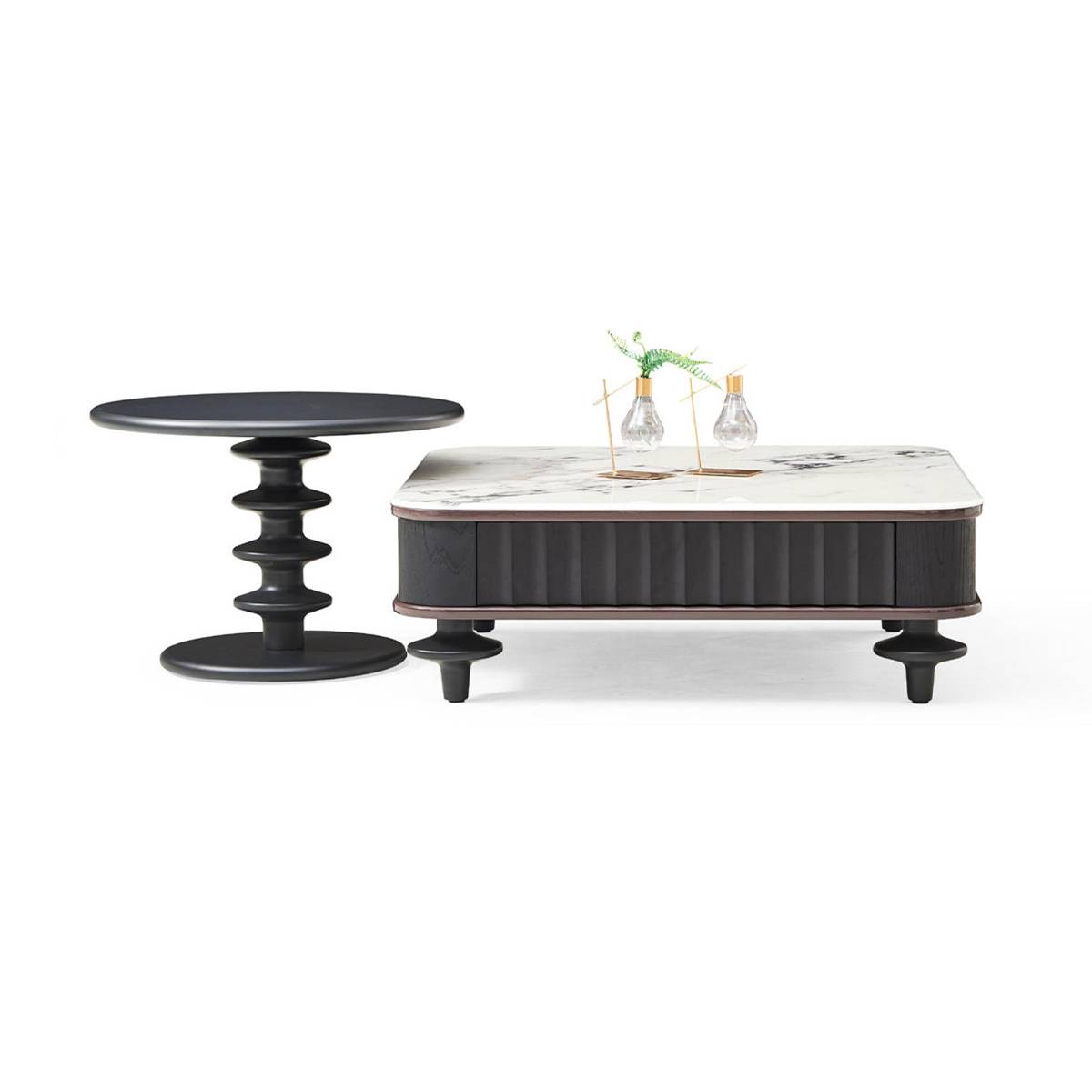 Side profile view of the coffee table and side table