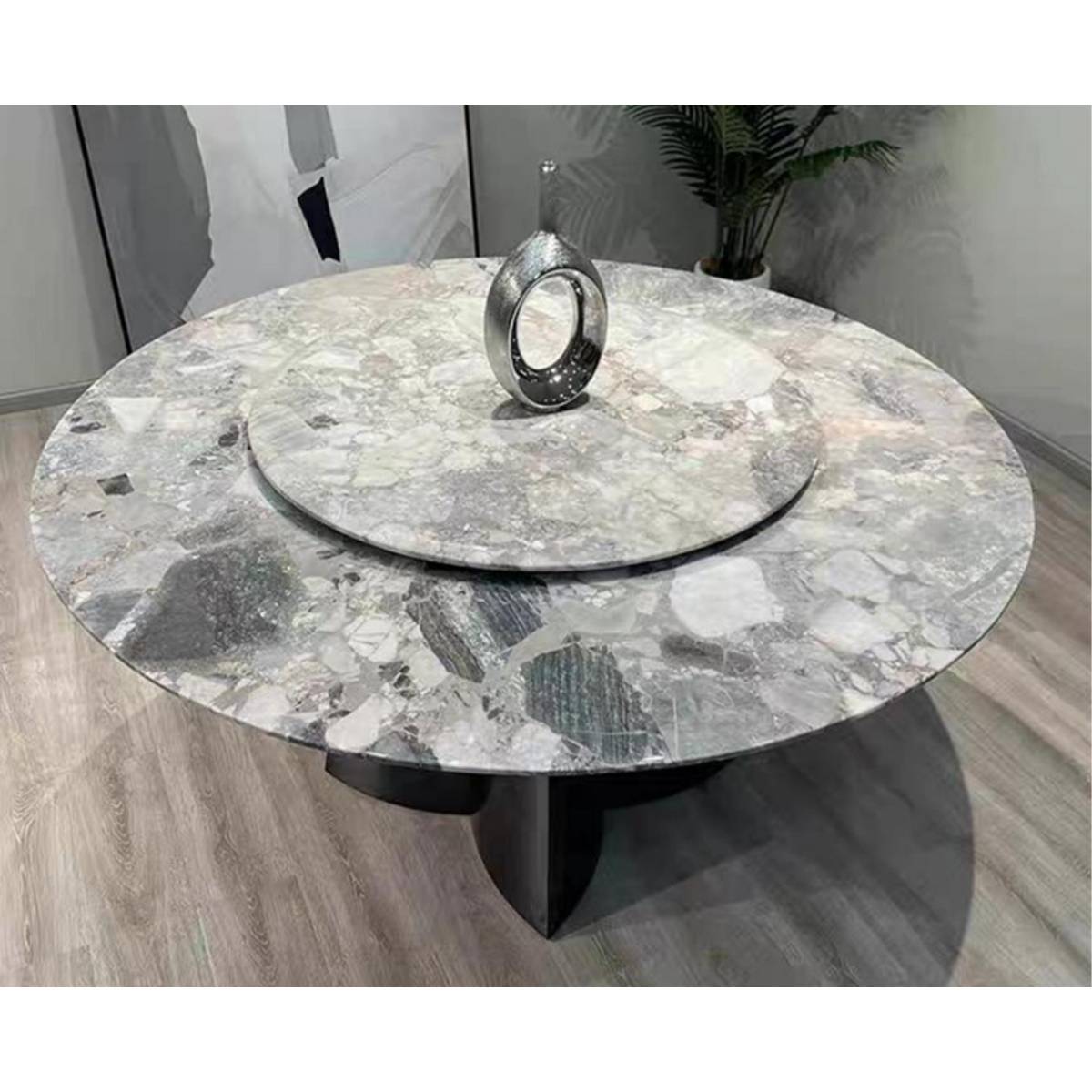 Oreo Grey Natural Marble Round Dining Table with Stainless Steel Clover Base (Z60-S91)