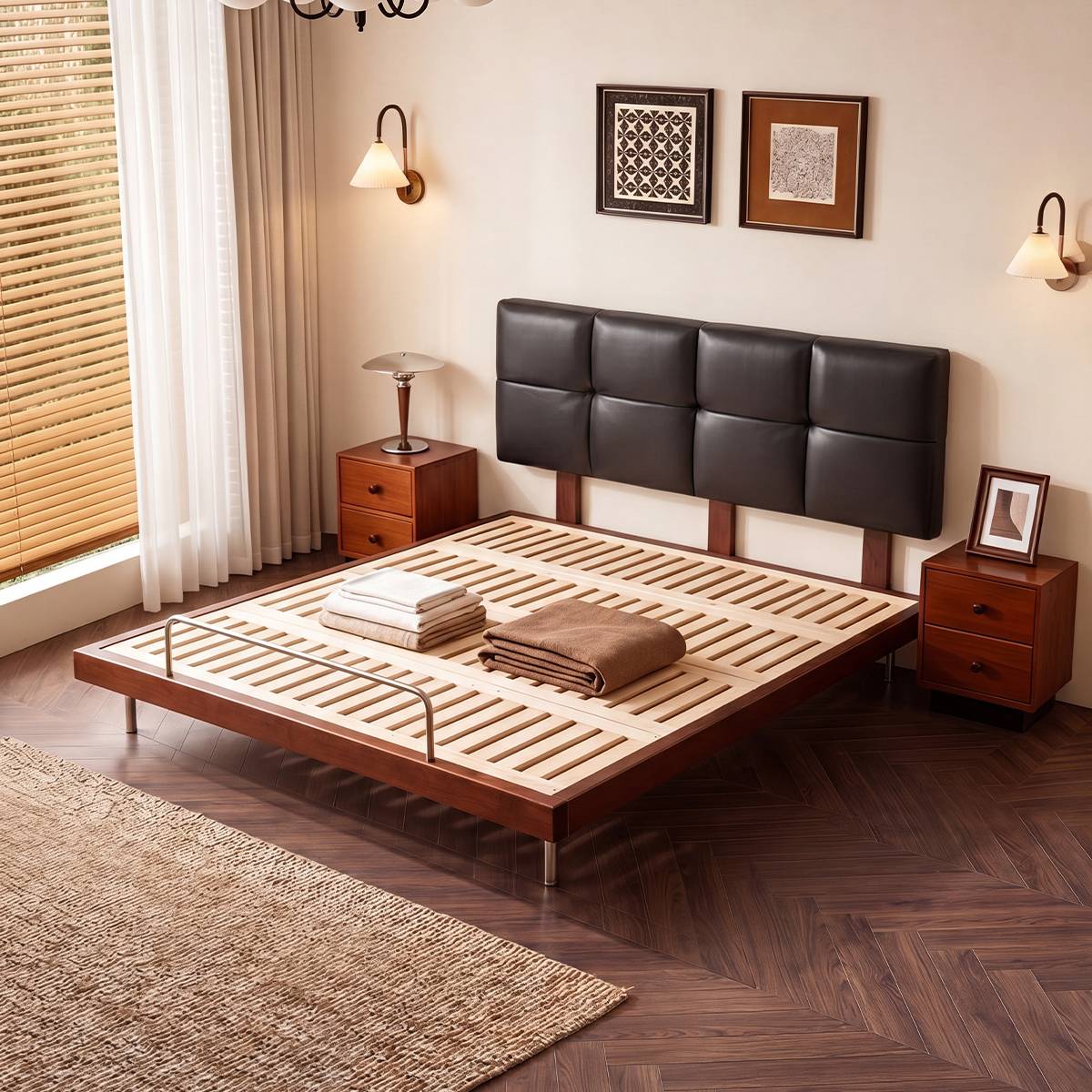 Bed frame without mattress showing the wooden slat base