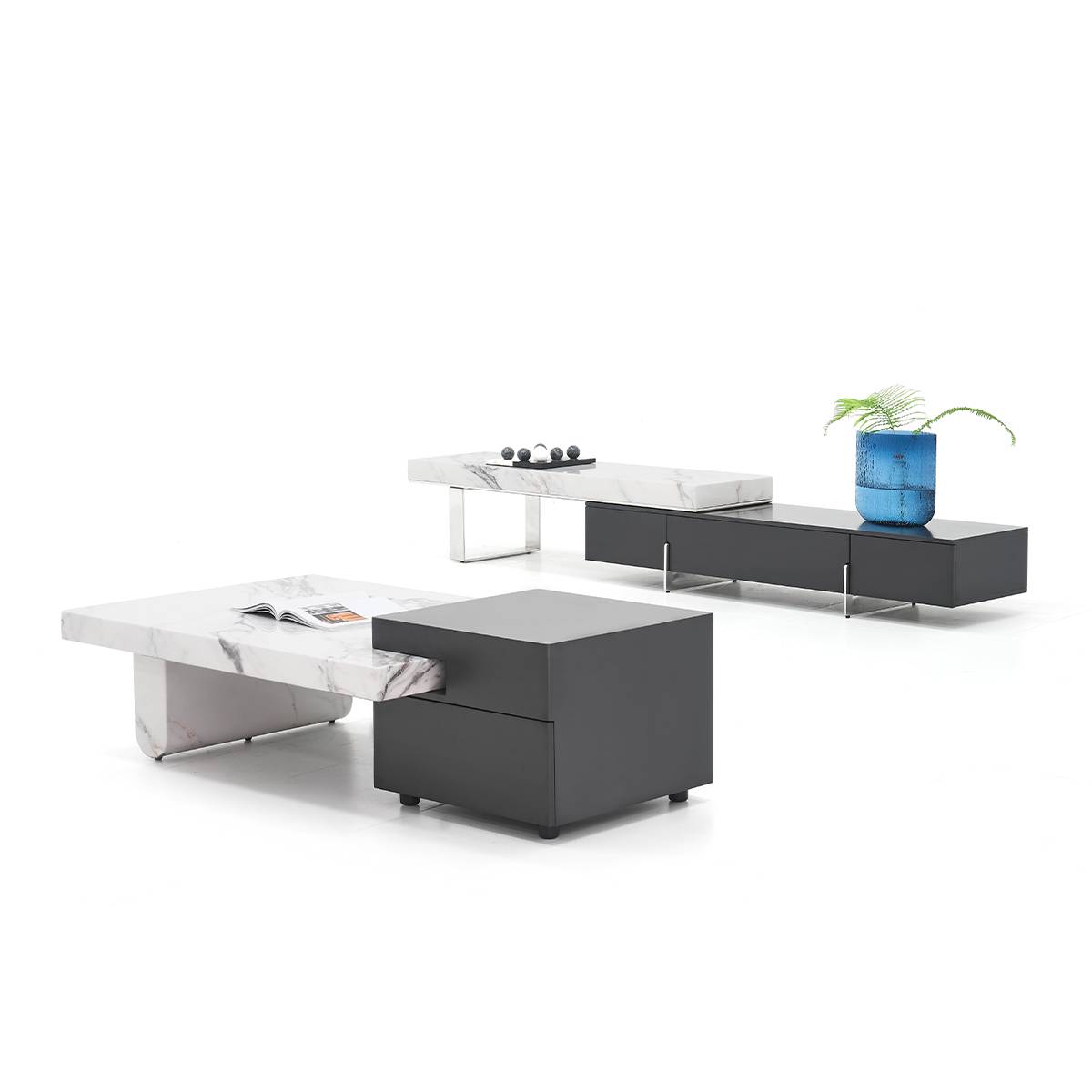 Lifestyle shot showing the TV console with a matching coffee table and decor