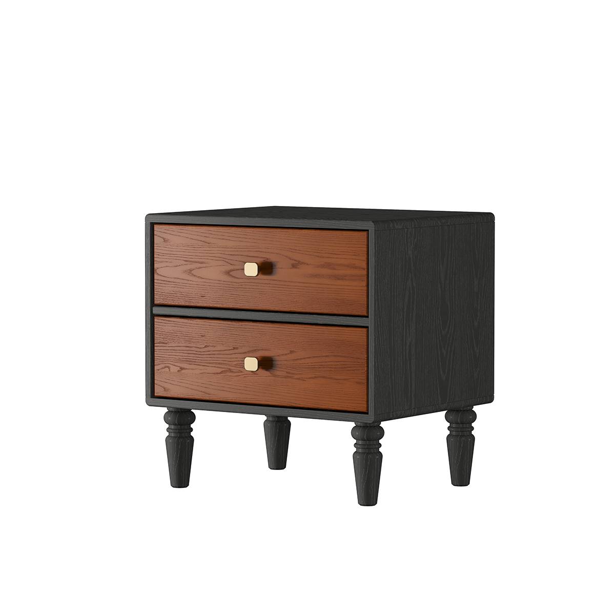 Side angle view of the bedside table showing the turned legs