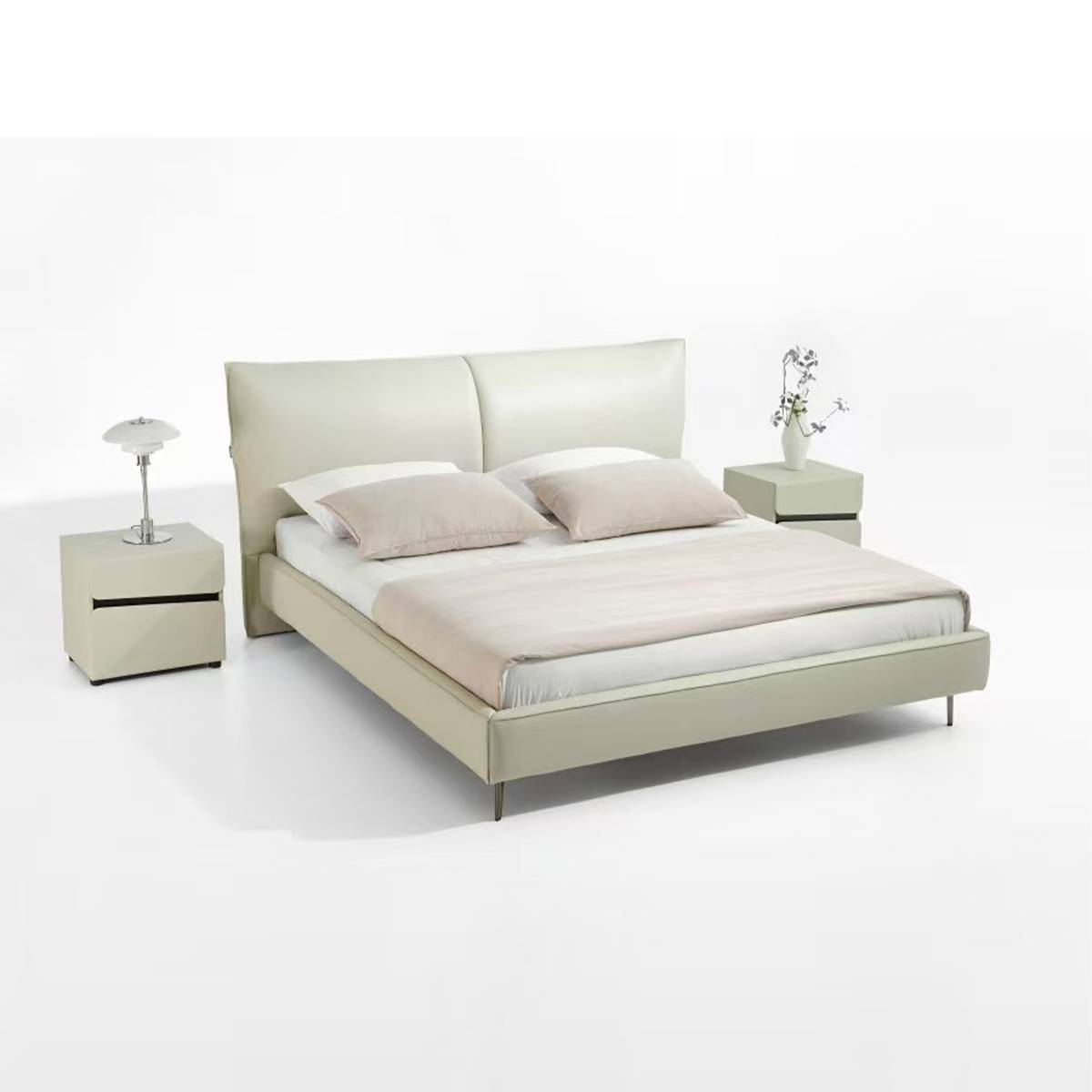 Wide angle view of the bed showing the metal legs and overall structure