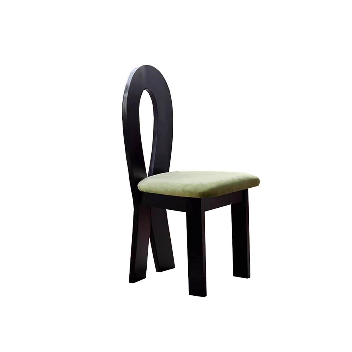Black frame dining chair with light green fabric seat