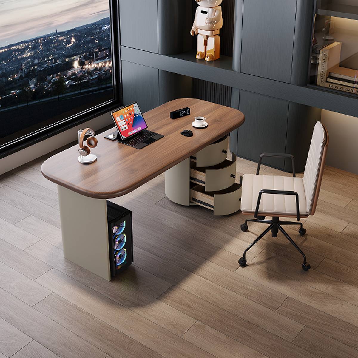 High angle view showing open drawers of the desk storage