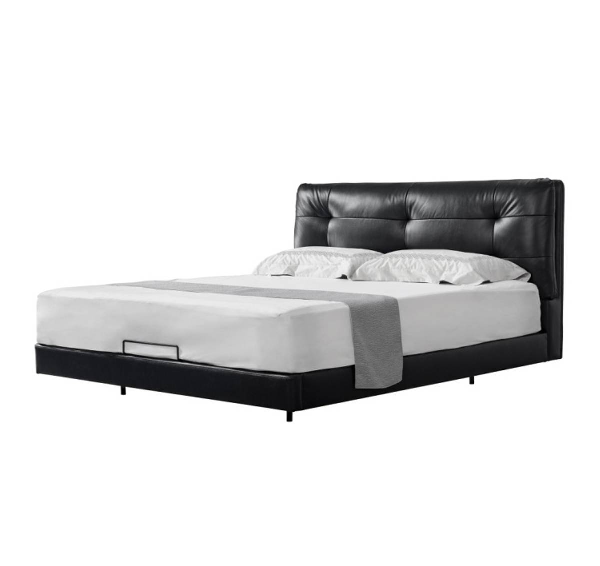 Front view of black tufted floating bed with white bedding