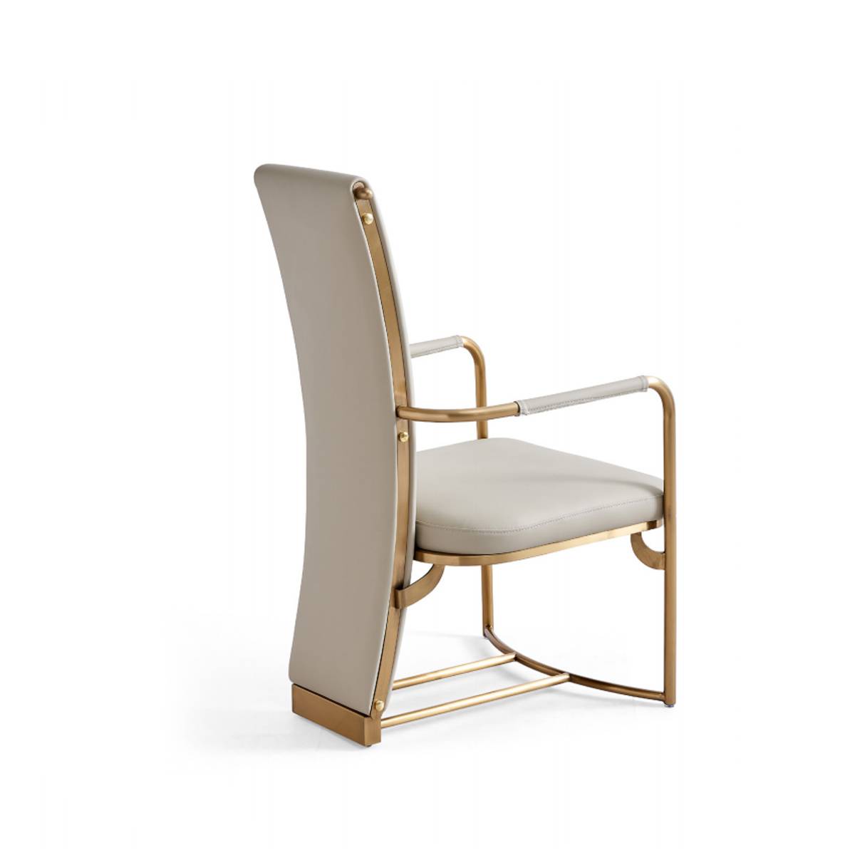 Side view of the dining chair showing the high back and metal frame structure