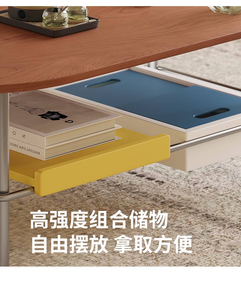 Close-up of the high-strength combination storage trays in yellow and blue.