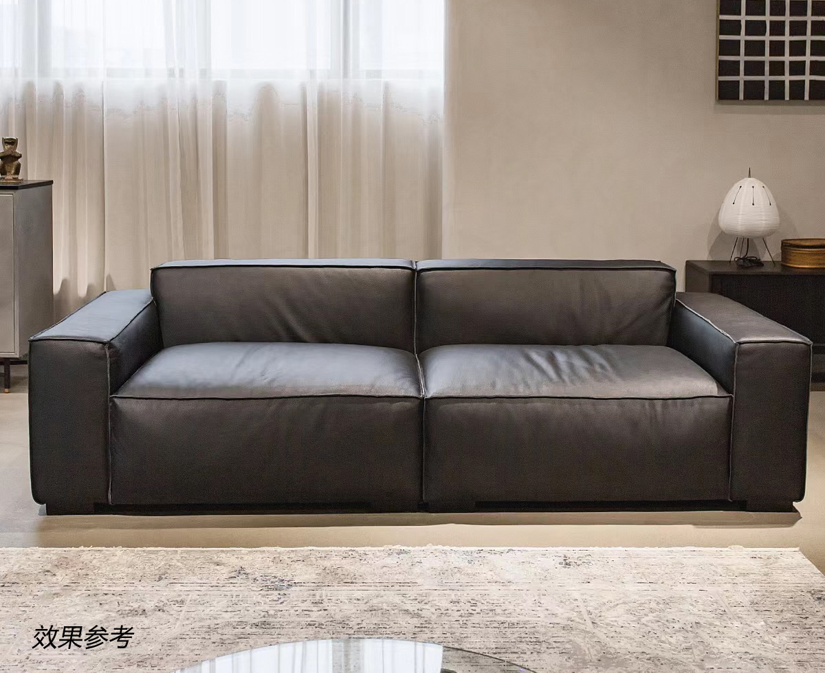 Dark grey leather straight sofa front view