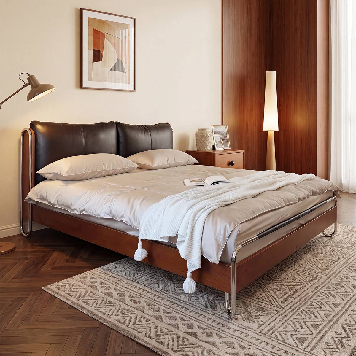 Side view of the Bauhaus Flow Shadow Bed showing the leather headboard and wooden frame