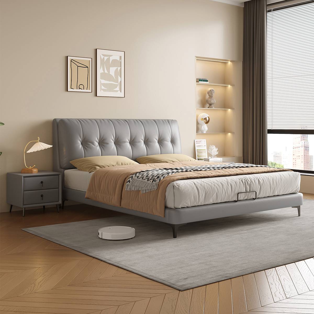 Grey tufted eco-leather bed in a modern bedroom setting