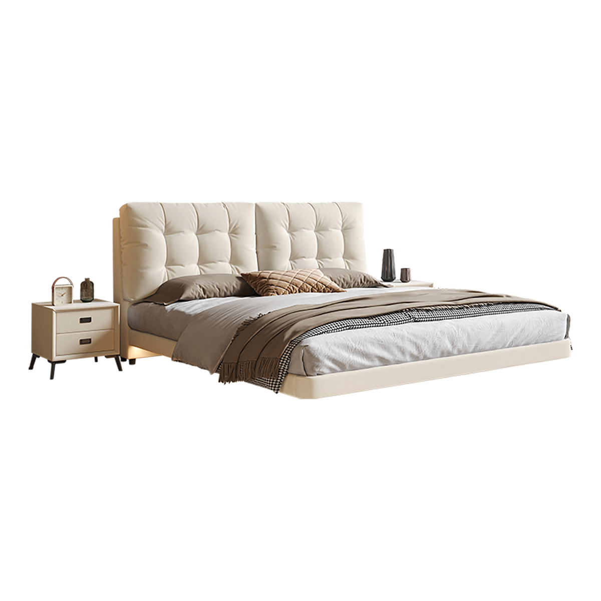 Studio shot of the beige floating bed and matching bedside table against a white background