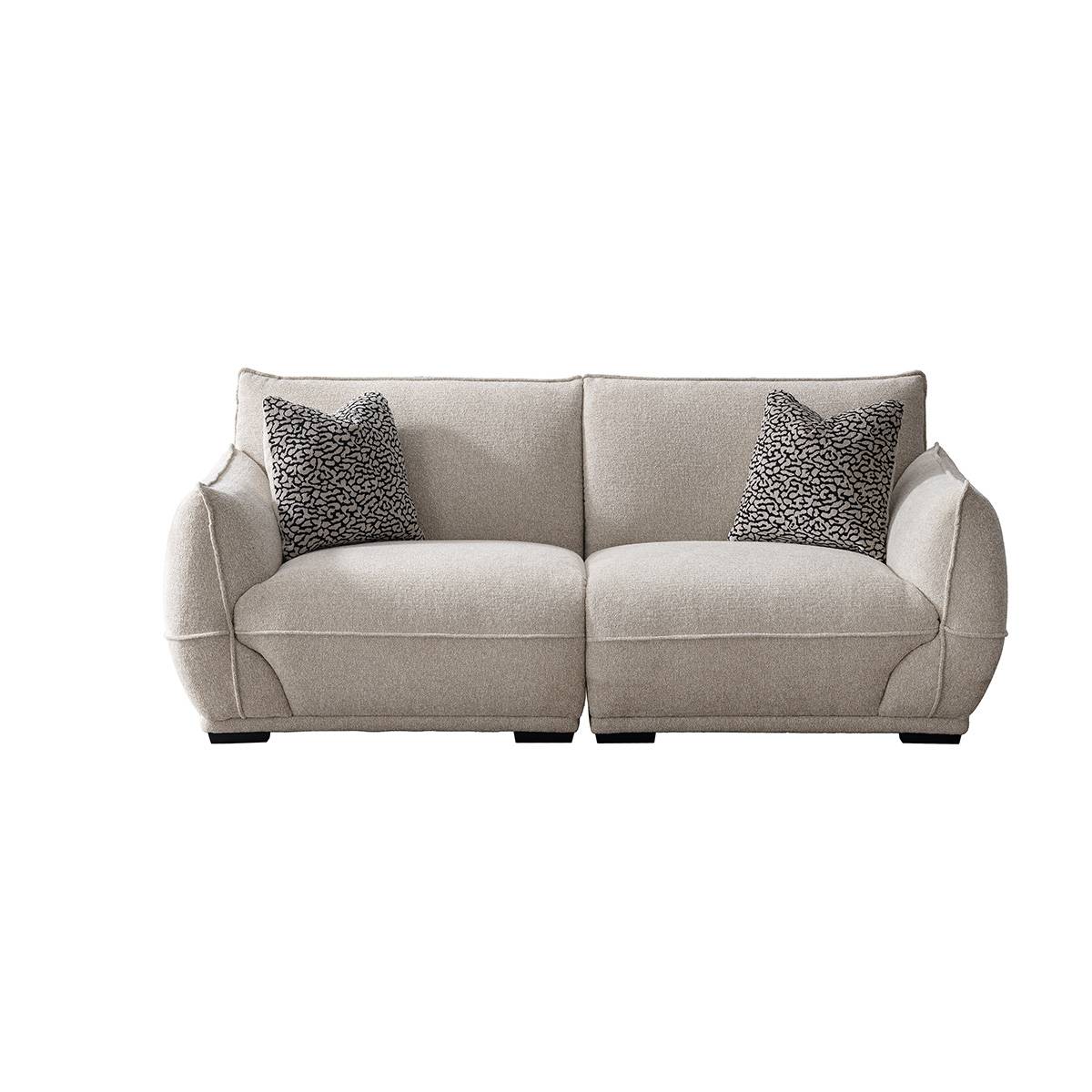 Front view of a beige fabric loveseat
