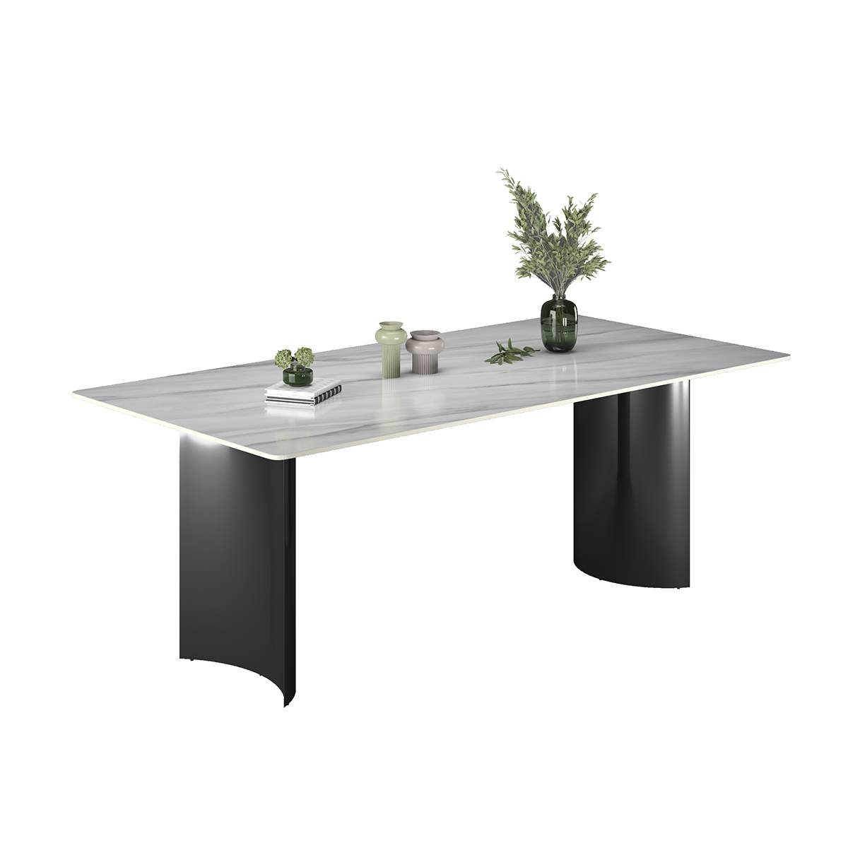 Dining table with black stainless steel base and white marble pattern top