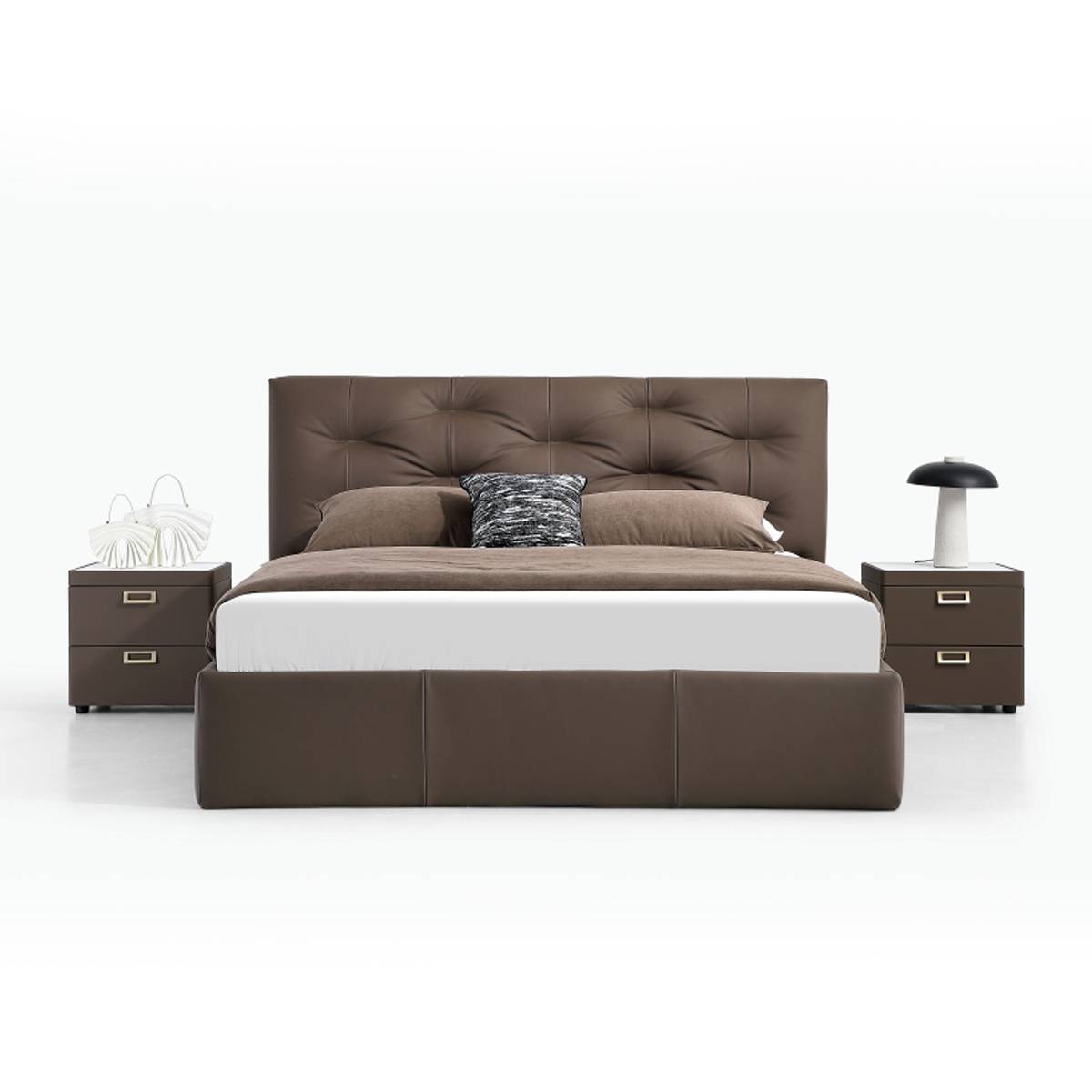 Front view of the brown leather bed showing the tufted headboard and storage base