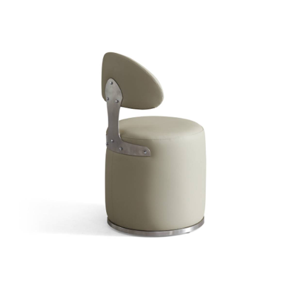 Side view of the dining chair showing the brushed stainless steel bracket connecting the backrest to the seat.