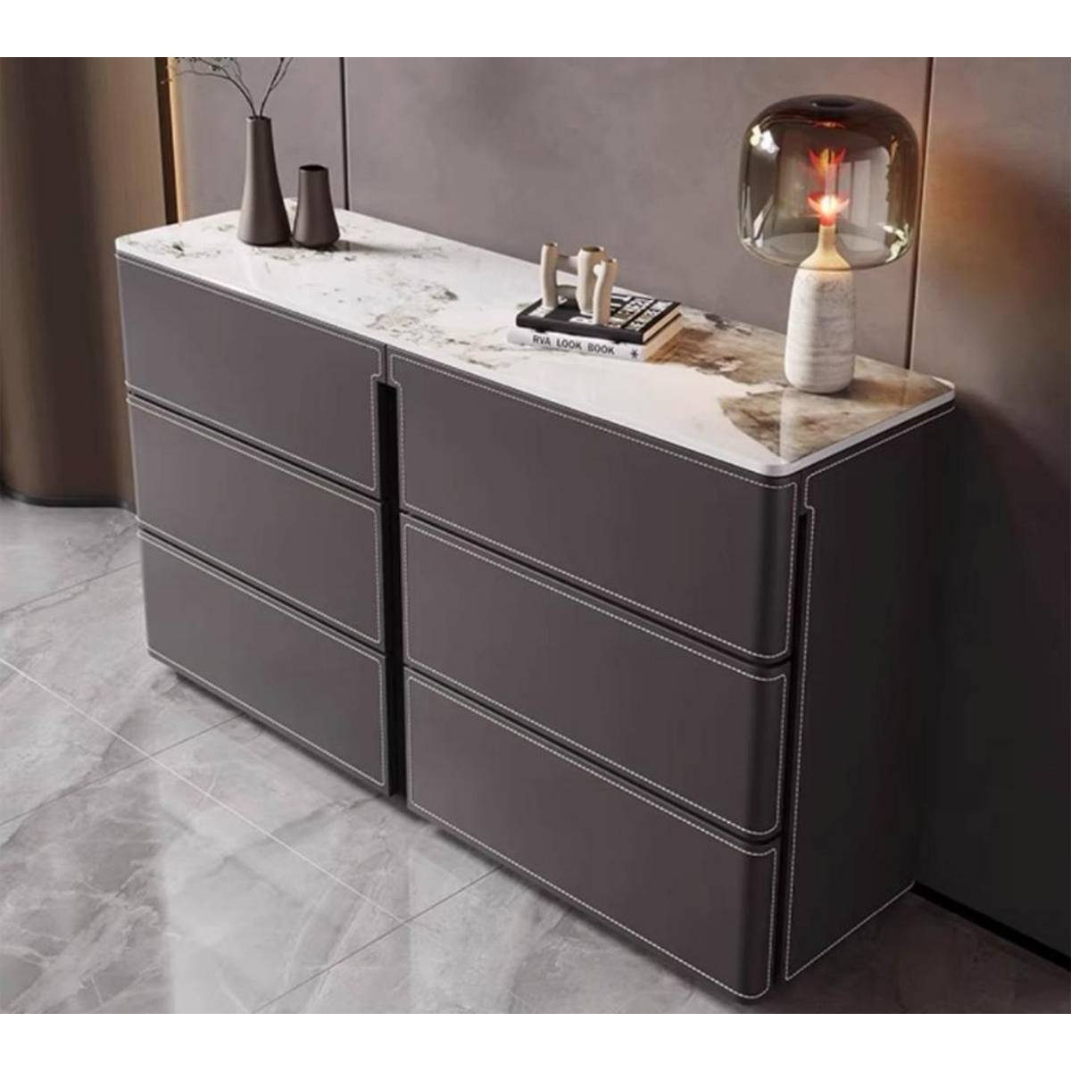 Grey saddle leather sideboard with closed drawers and sintered stone top
