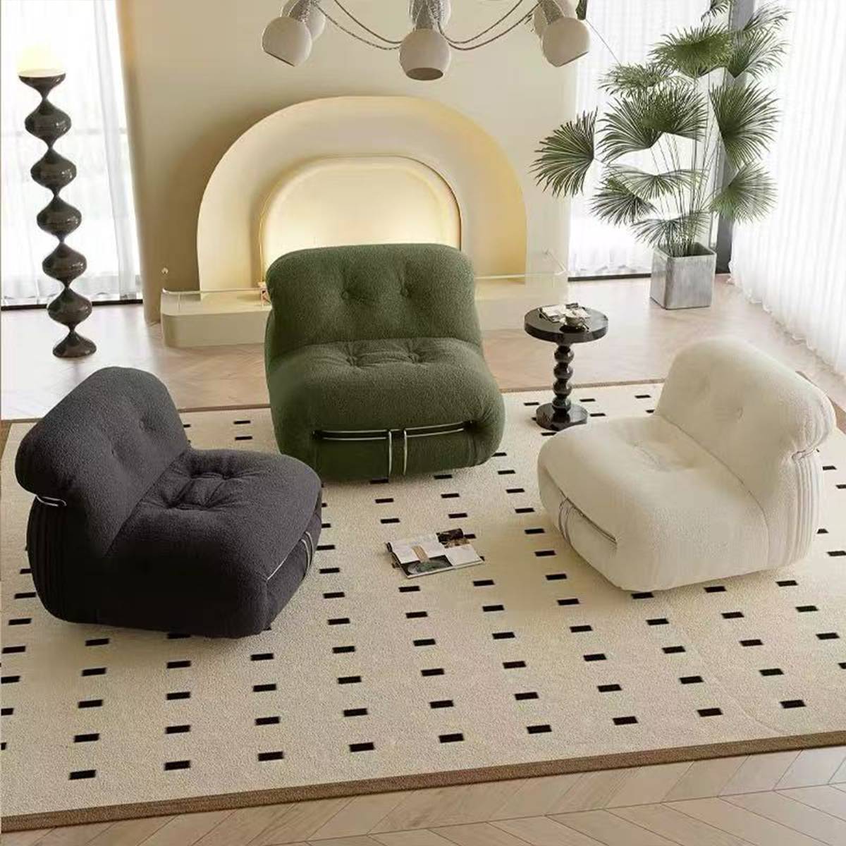 Three Steel Tooth Leisure Chairs in black, green, and white