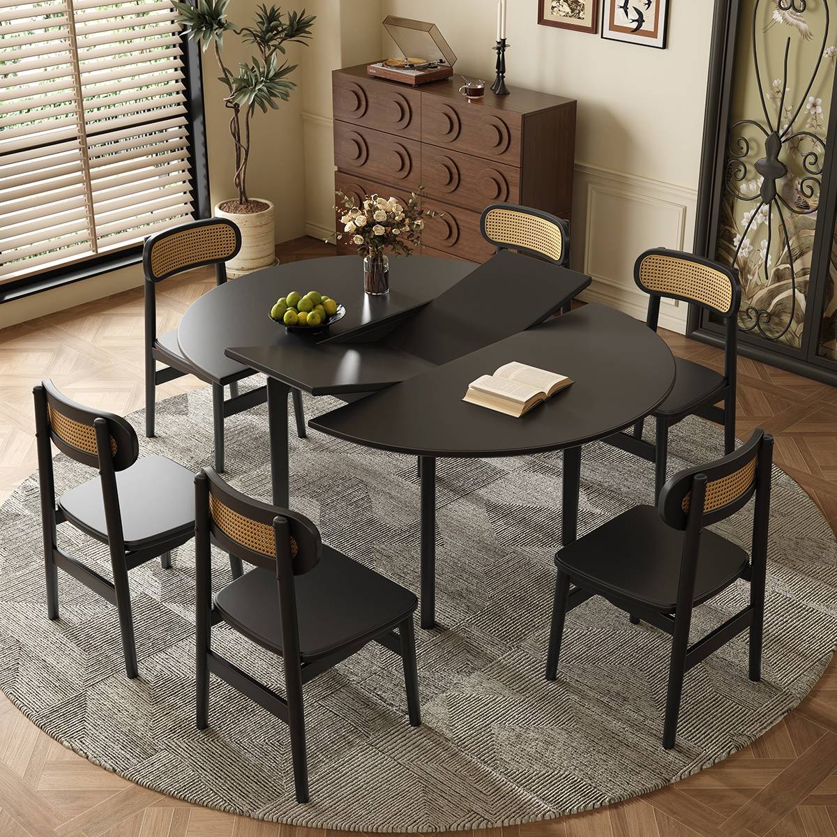 Top-down view of the dining table showing the butterfly leaf extension mechanism