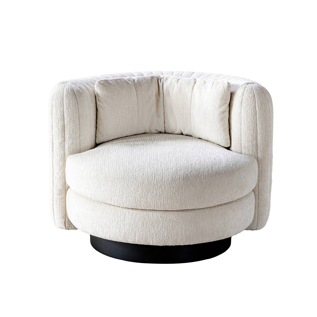 Three-quarter view of the white swivel lounge chair on a white background