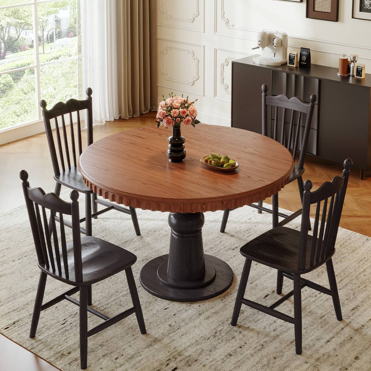 Walnut finish round dining table with dark wooden chairs