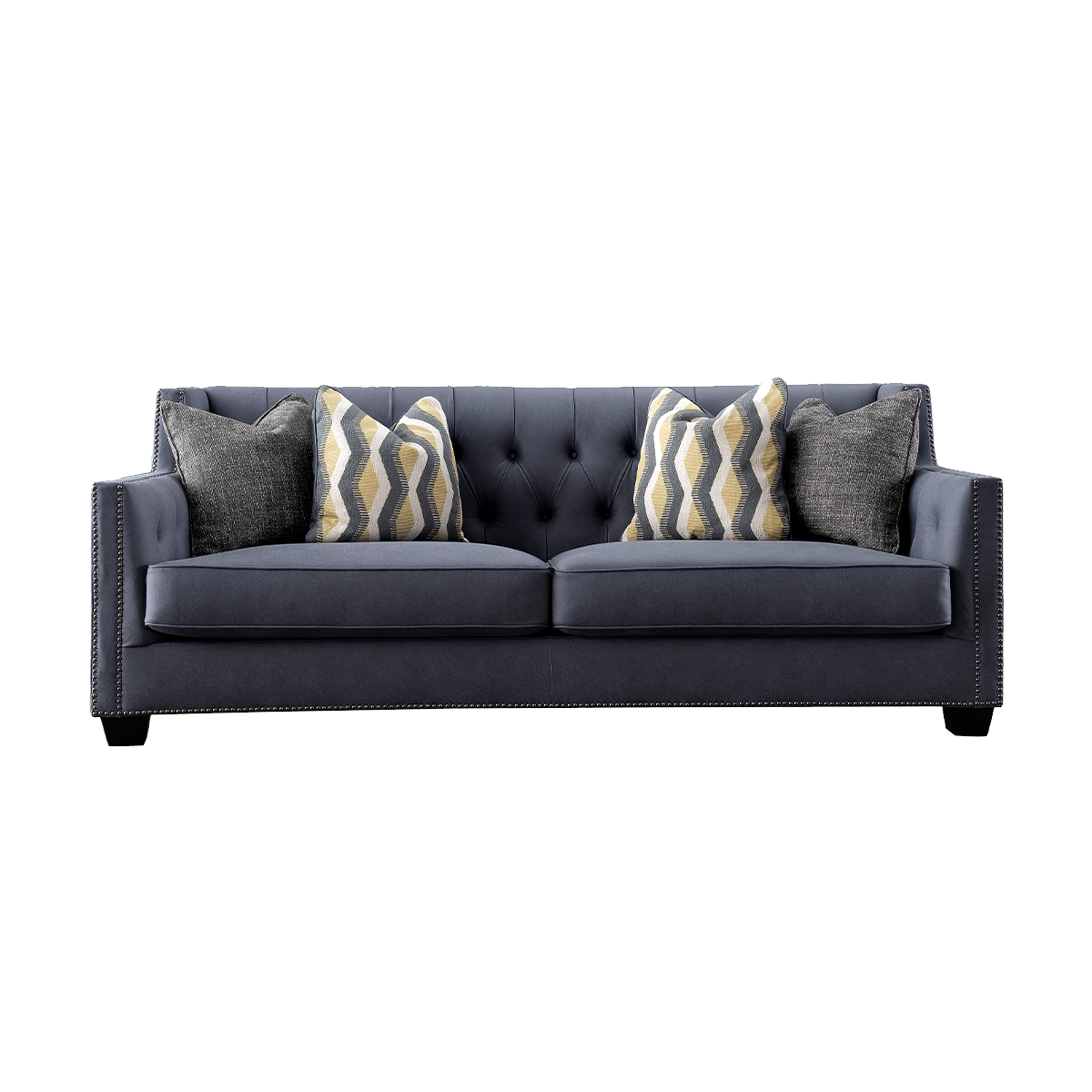 Front view of blue tufted sofa