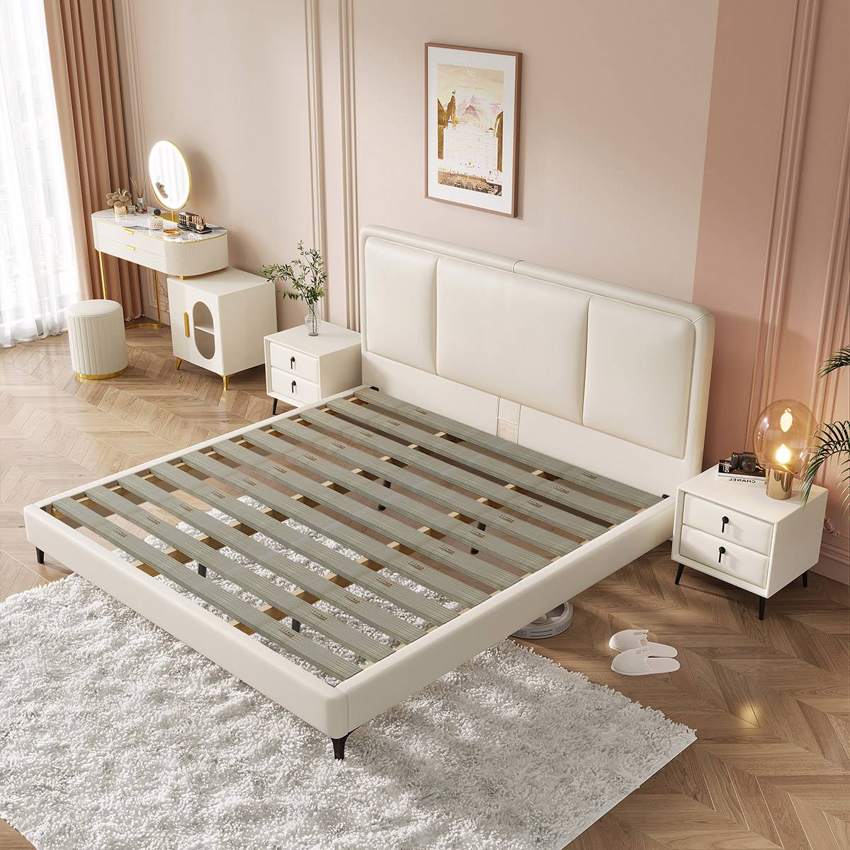 Bed frame showing the steel-wood slat support system