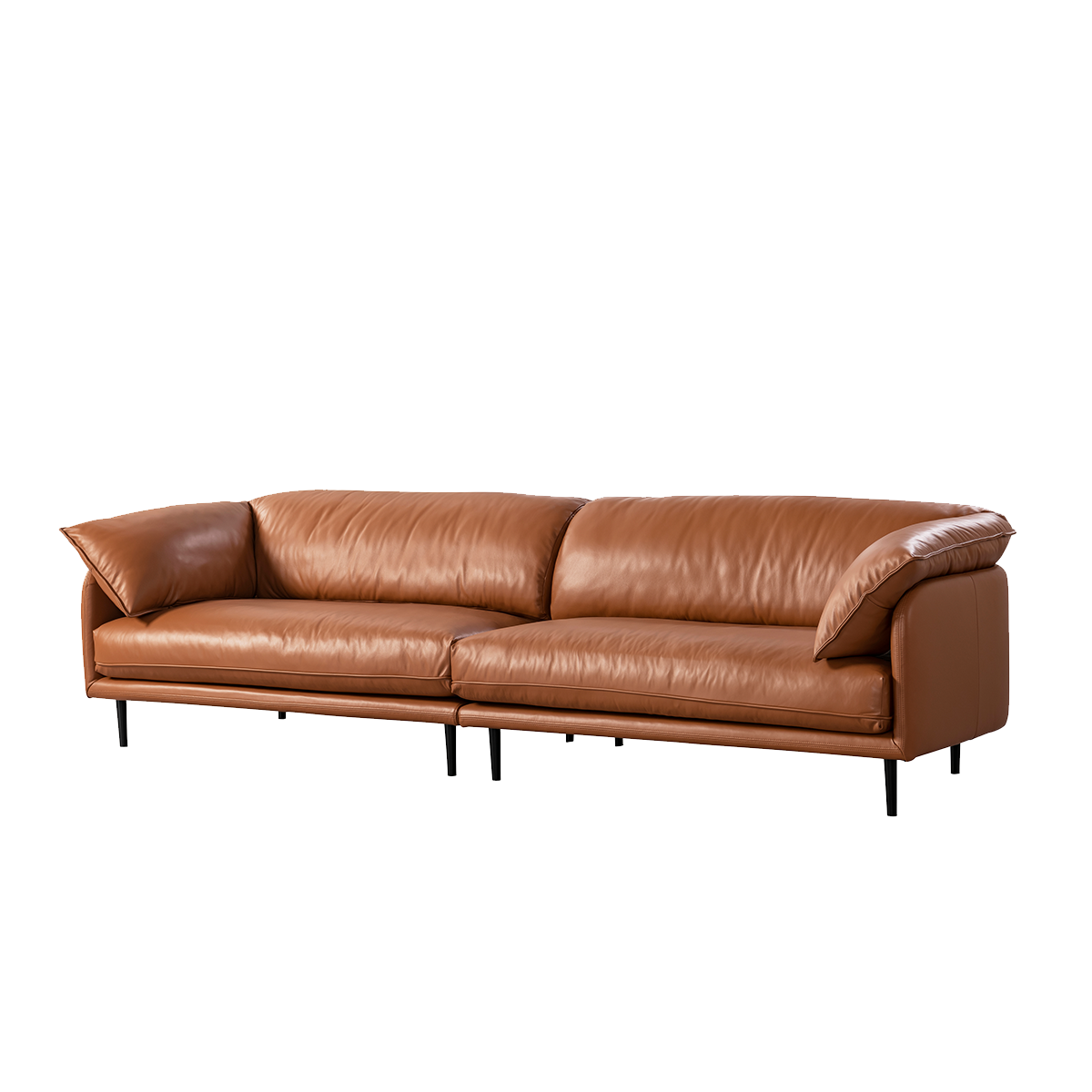 Three-quarter view of the brown leather sofa