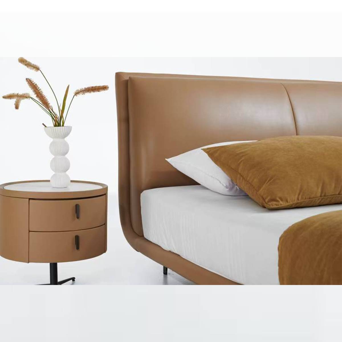 Close-up of the leather headboard and side profile of the bed