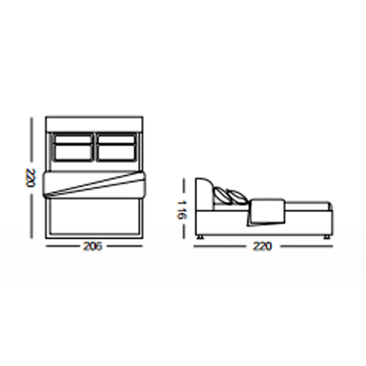 Technical line drawing showing bed dimensions and storage mechanism