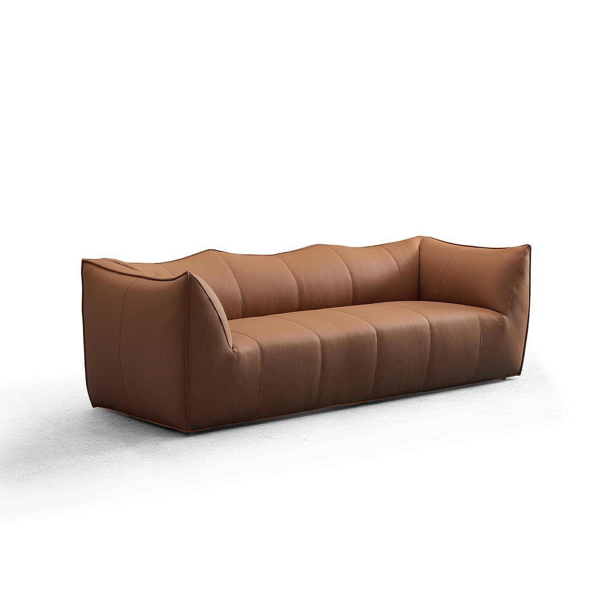 Side view of brown leather sofa showing profile