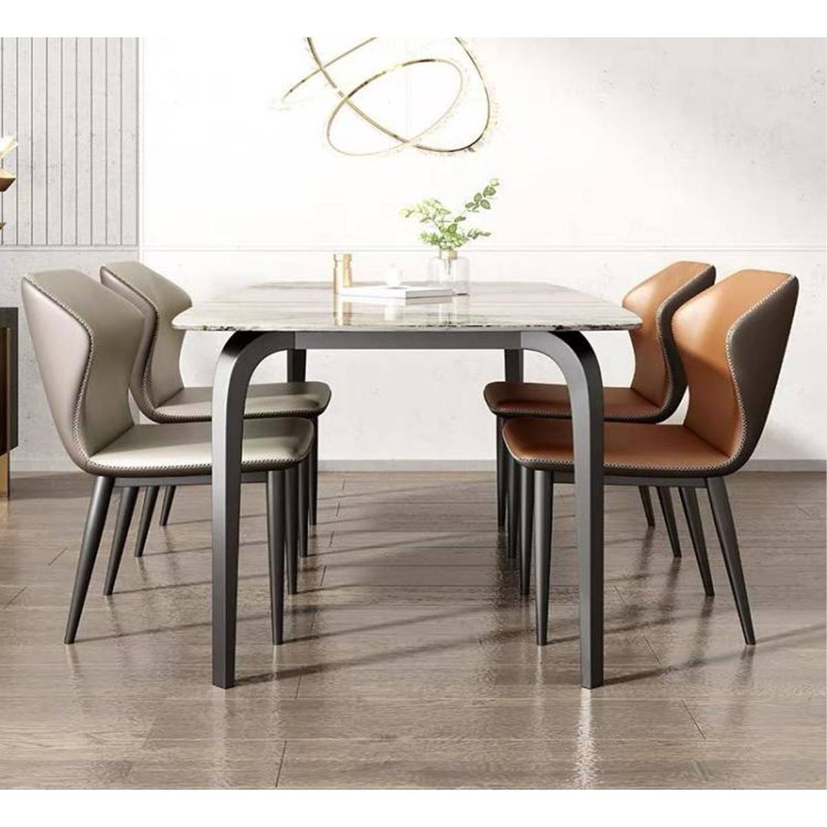 Side view of Z60 Dining Table showing the curved steel base and marble top
