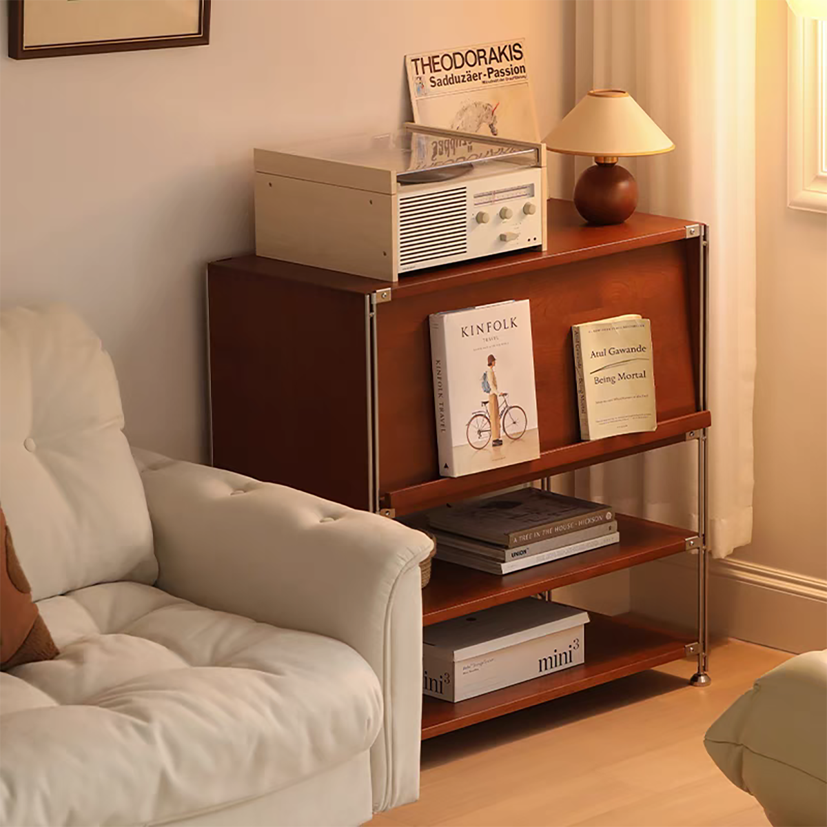 Sideboard in a corner setting with warm lighting
